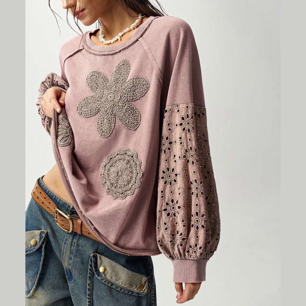 Mauve Crochet Floral Applique Eyelet Lace Sleeve Oversized Sweatshirt - Picture 5 of 8